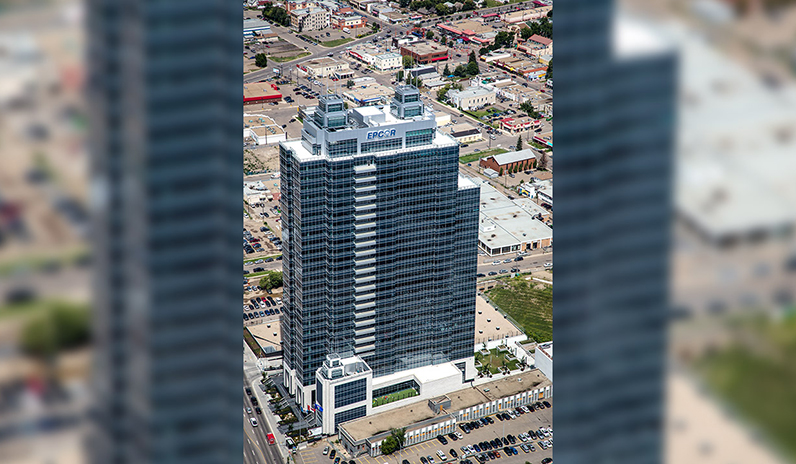 Aerial view of EPCOR Tower in downtown Edmonton