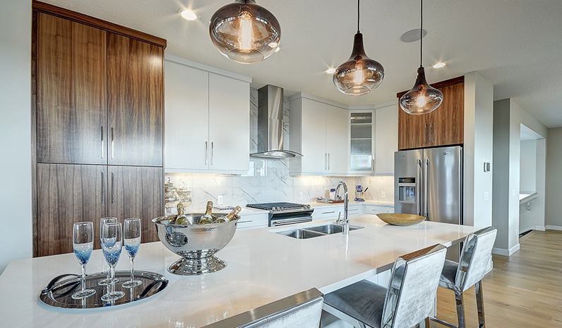 Cayenne home model kitchen by NuVista Homes in Calgary.