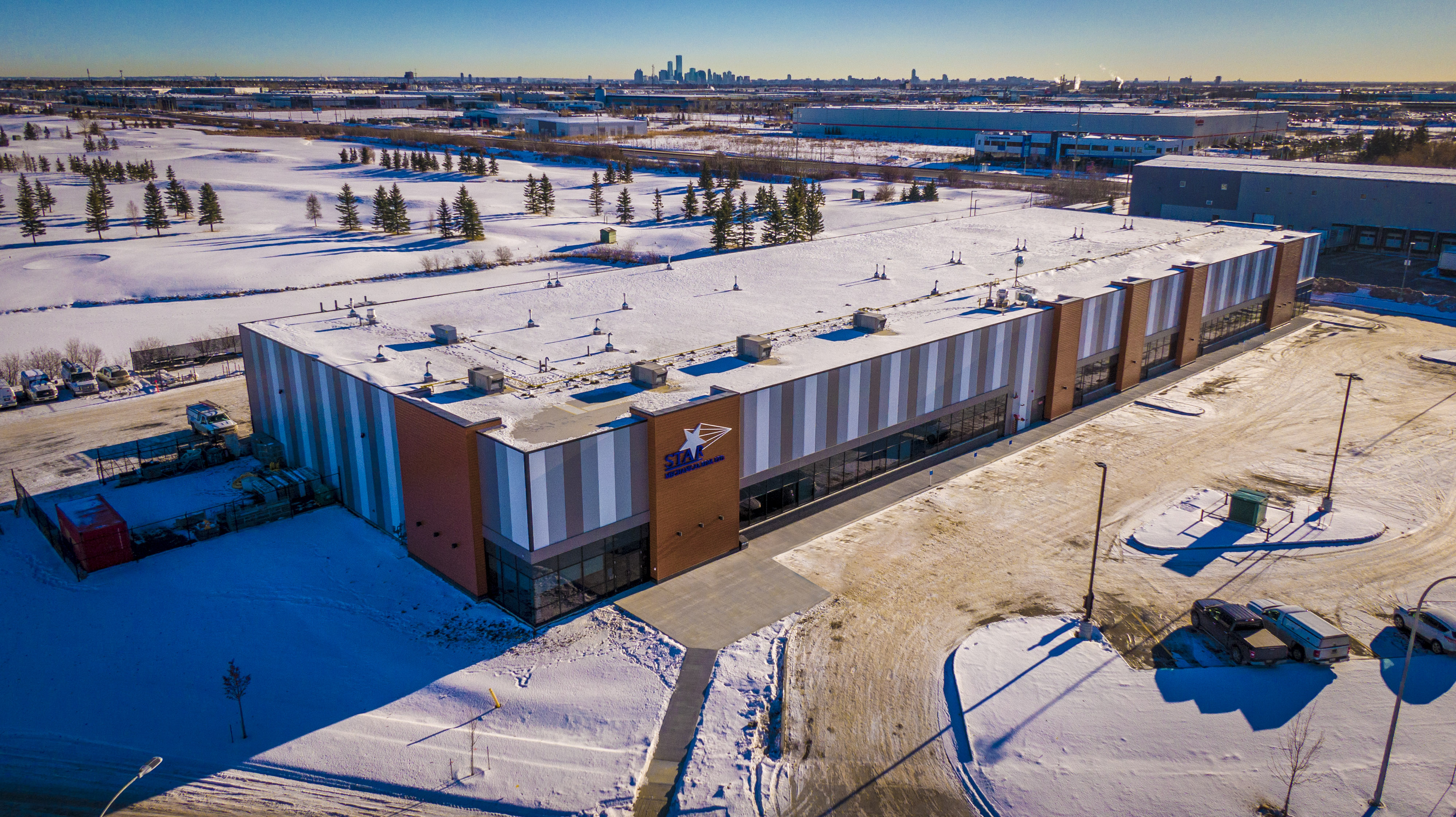 Winter aerial angle of the new Star Mechanical warehouse in Edmonton, Alberta
