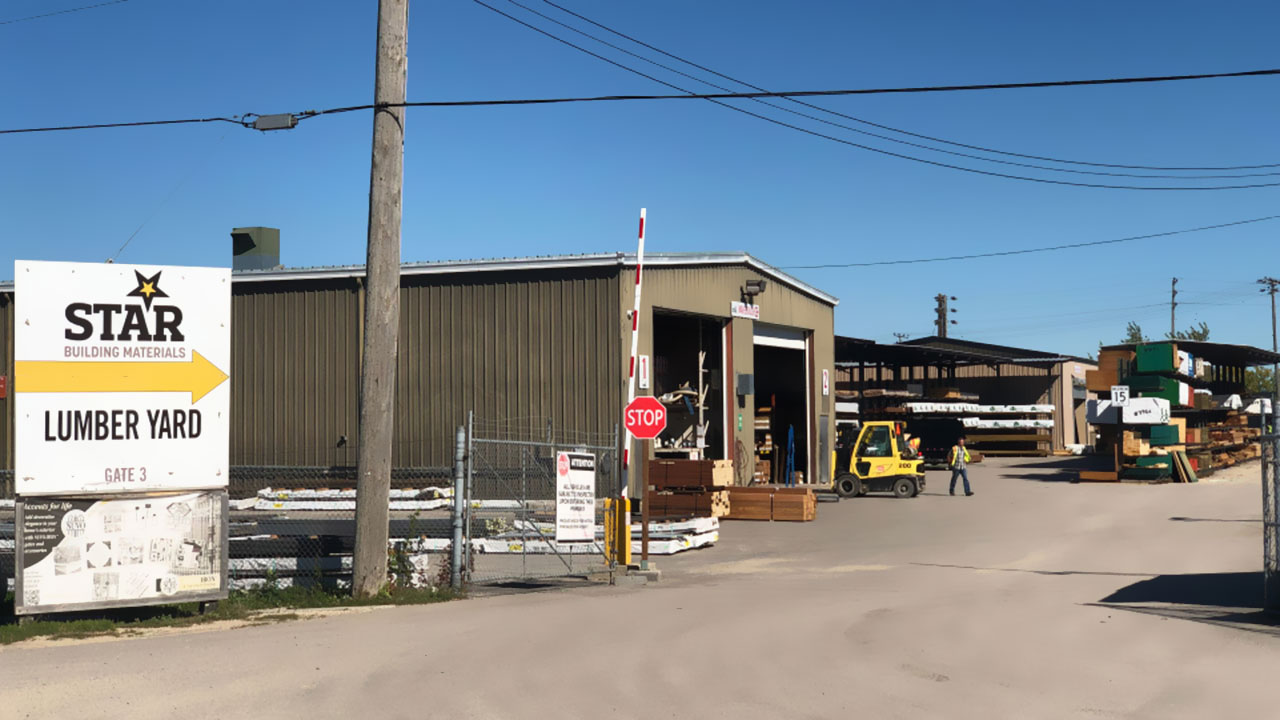 Lumber yard entrance at Star Building Materials in Winnipeg.