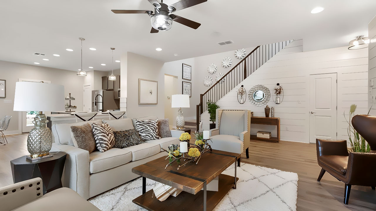 Living room in a model built by Pacesetter Homes in Austin.
