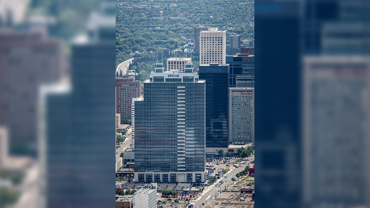 Aerial EPCOR Tower downtown Edmonton