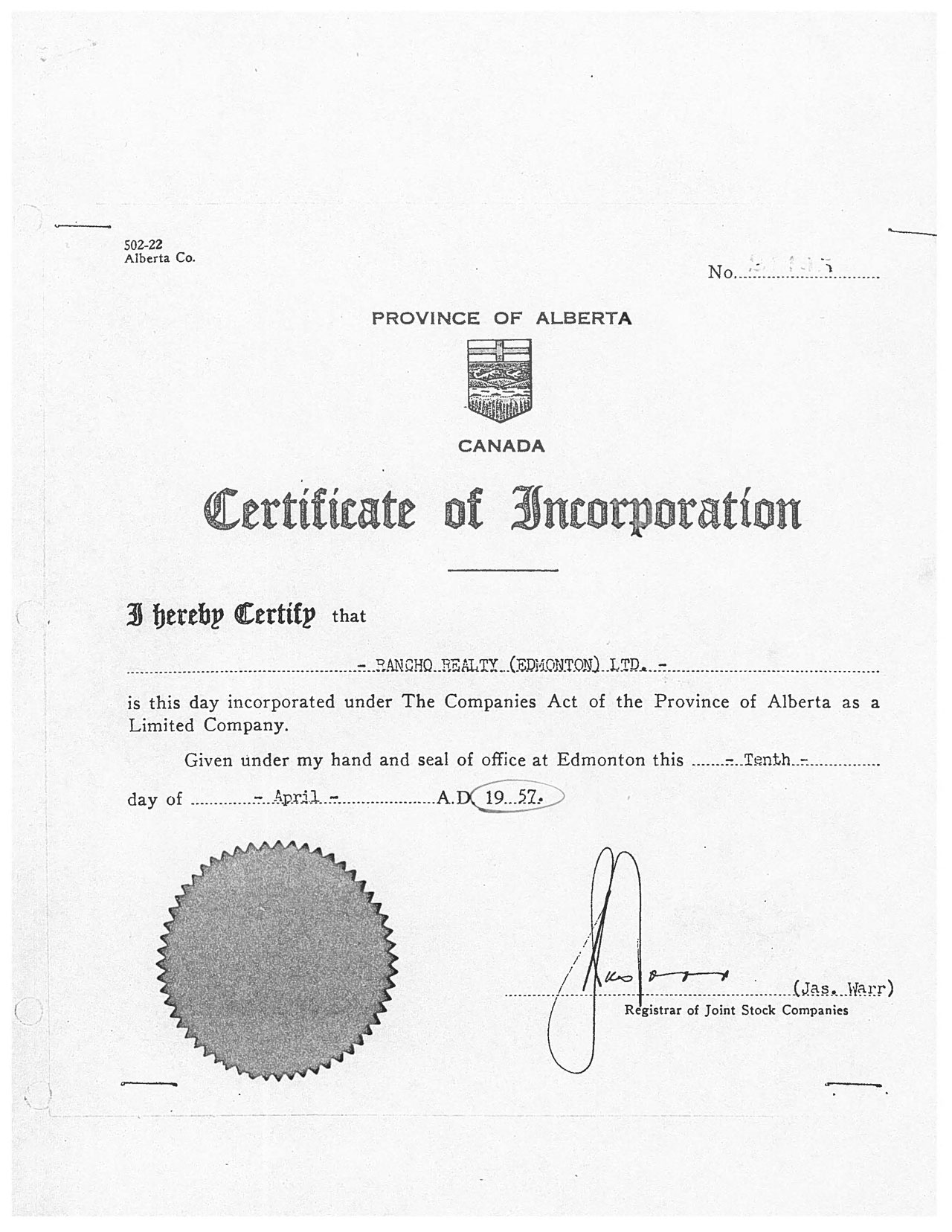 1957 Certificate of Incorporation Rancho
