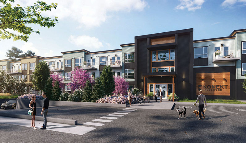 Exterior rendering of Konekt Condos' front entrance in Inglewood